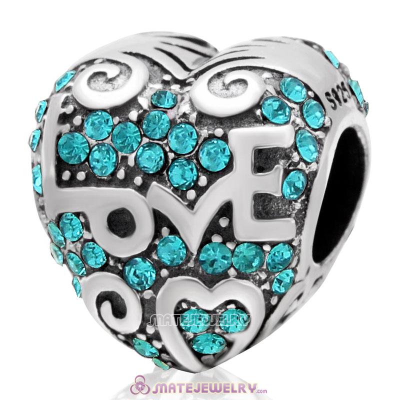 925 Sterling Silver Heart with Love Charm Blue Zircon Australian Crystal Bead 