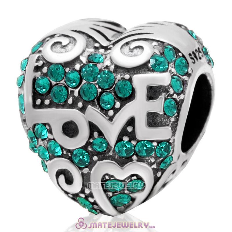 925 Sterling Silver Heart with Love Charm Emerald Australian Crystal Bead 