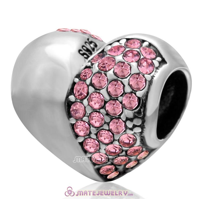 Lt Rose Sparkly Crystal 925 Sterling Silver Heart Bead 