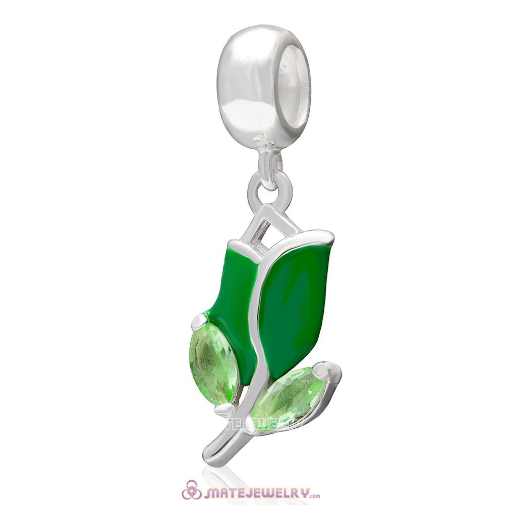 Tulip Flower Green Cz Charm 925 Sterling Silver Pendant 