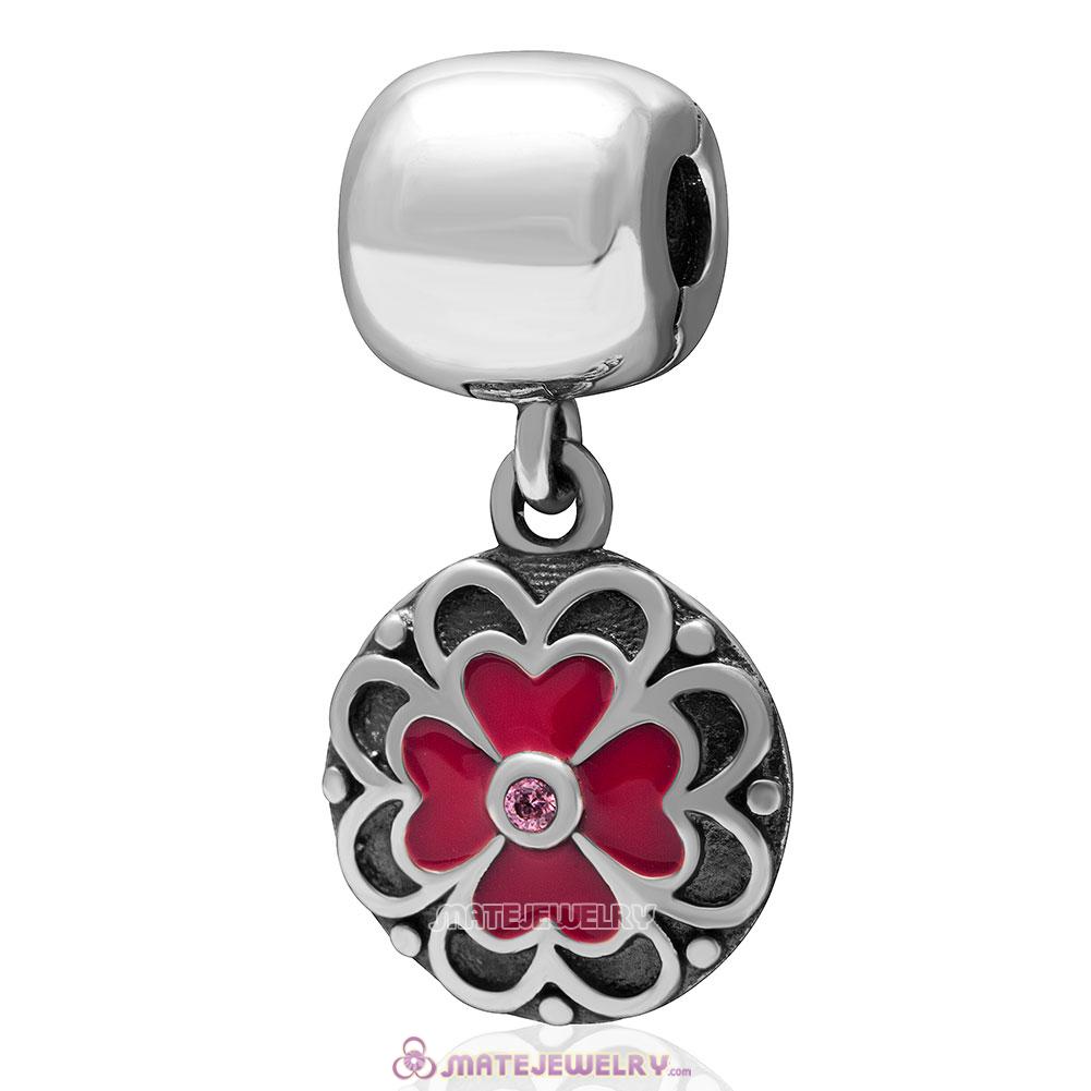 Red Clover Pink Cz Charm 925 Sterling Silver Dangle Clip Bead 