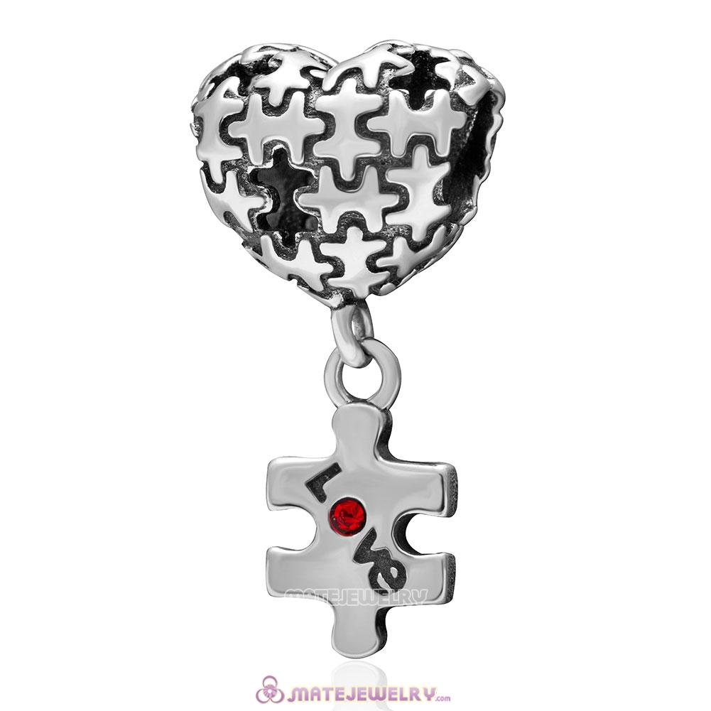 Autism Puzzle Heart Love Charm 925 Sterling Silver with Red Crystal Dangle Bead