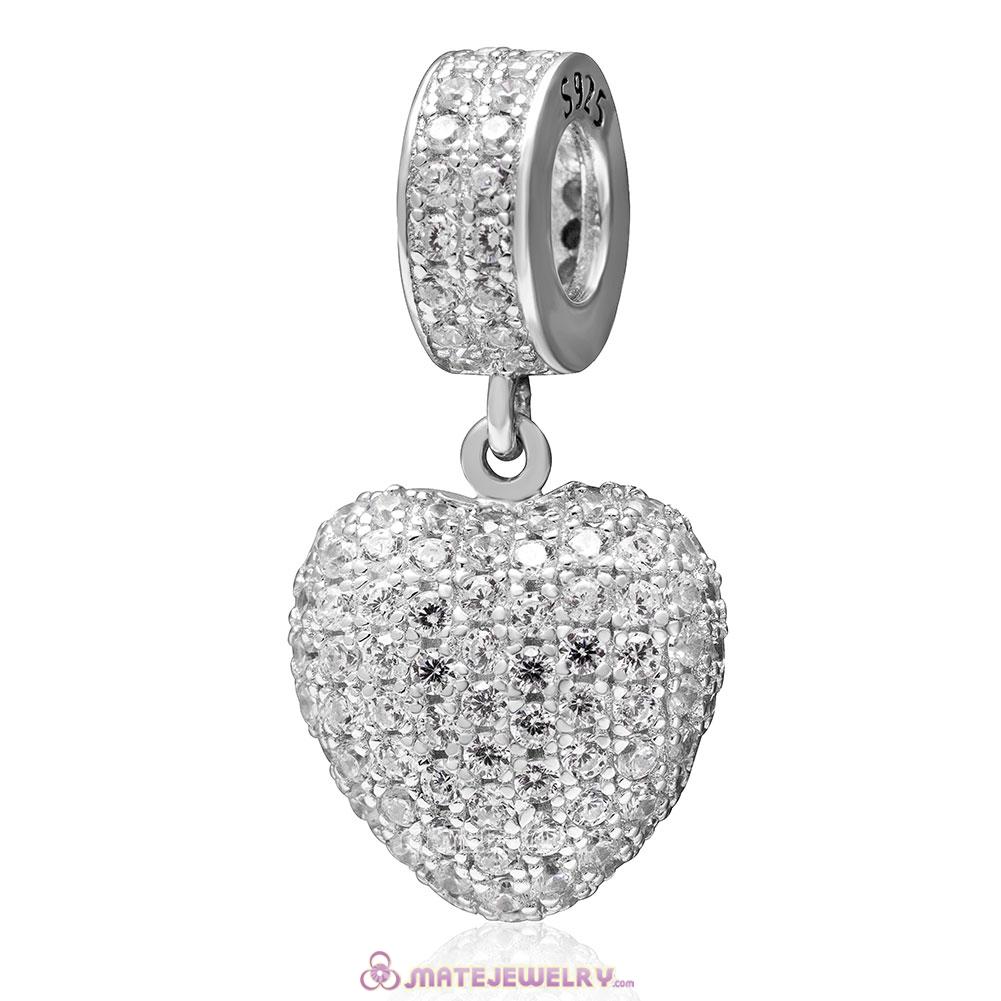 Pave Clear Cz Charm Love Heart Dangle 925 Sterling Silver Bead