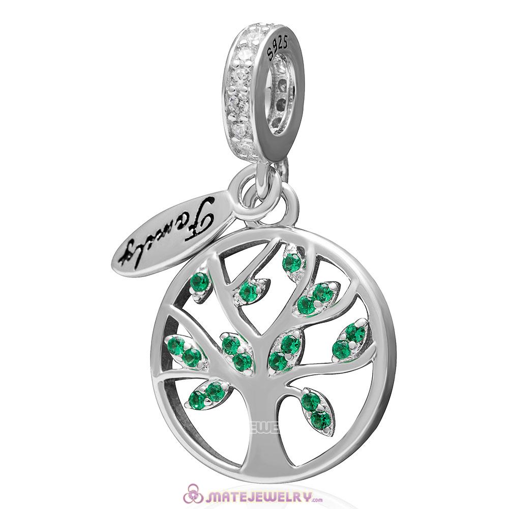 Family Tree Dangle with Green CZ Charm 925 Sterling Silver 