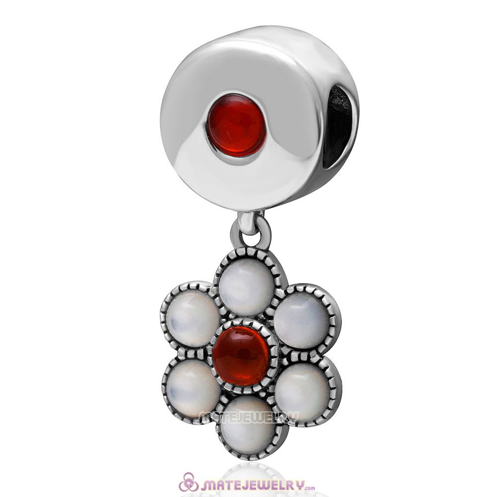 Dangle 925 Sterling Silver Red Agate Flower Charm 