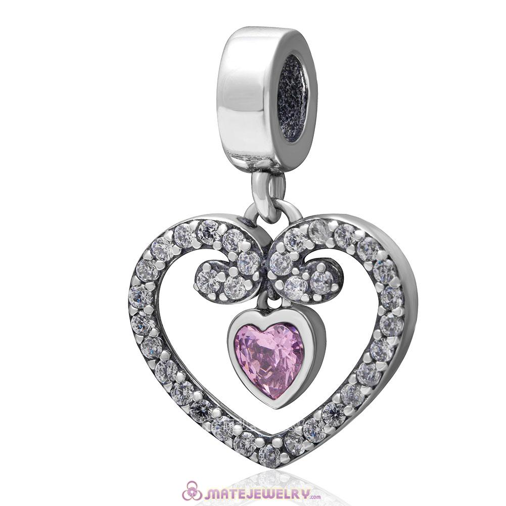 Radiant Heart Dangle 925 Sterling Silver Clear and Pink Stone Charm  