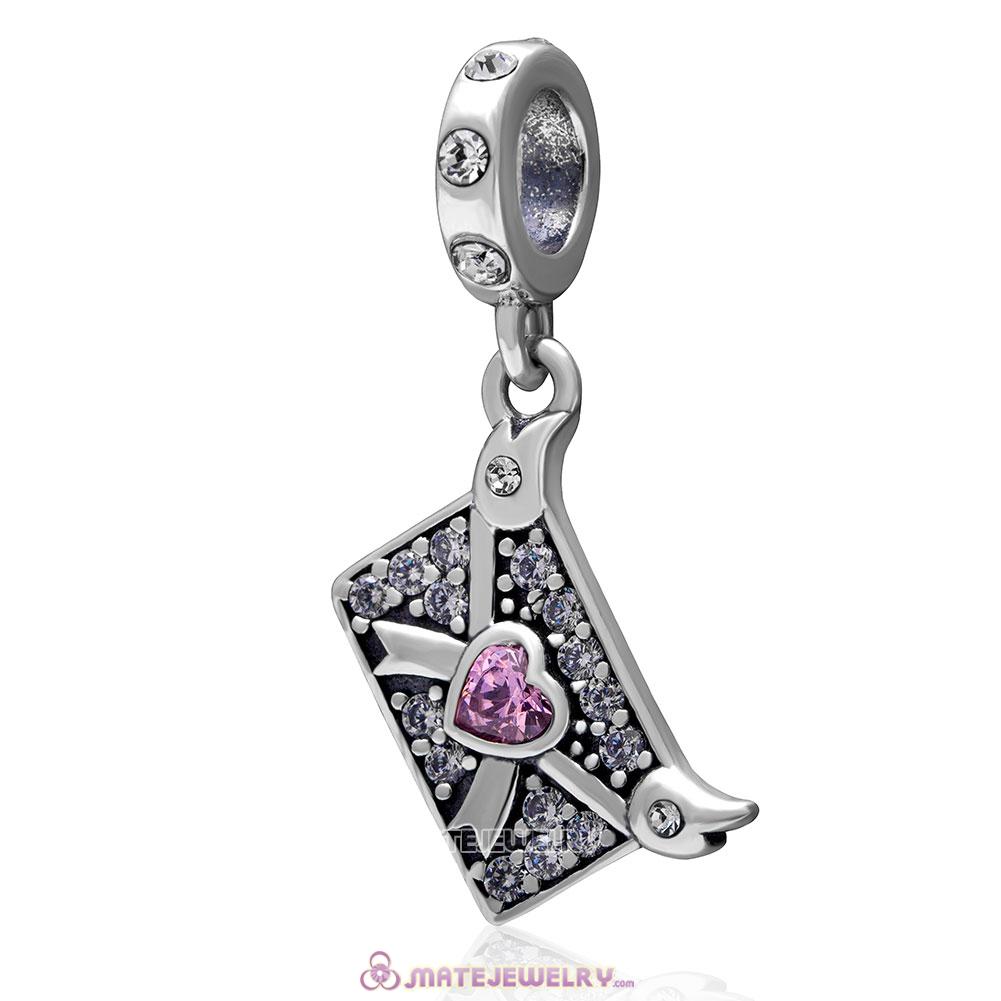 Love Letter Envelope Charm 925 Sterling Silver with Clear Crystal Bead