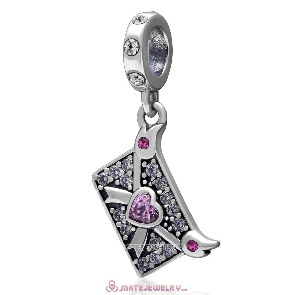 Love Letter Envelope Charm 925 Sterling Silver with Clear and Rose Crystal Bead