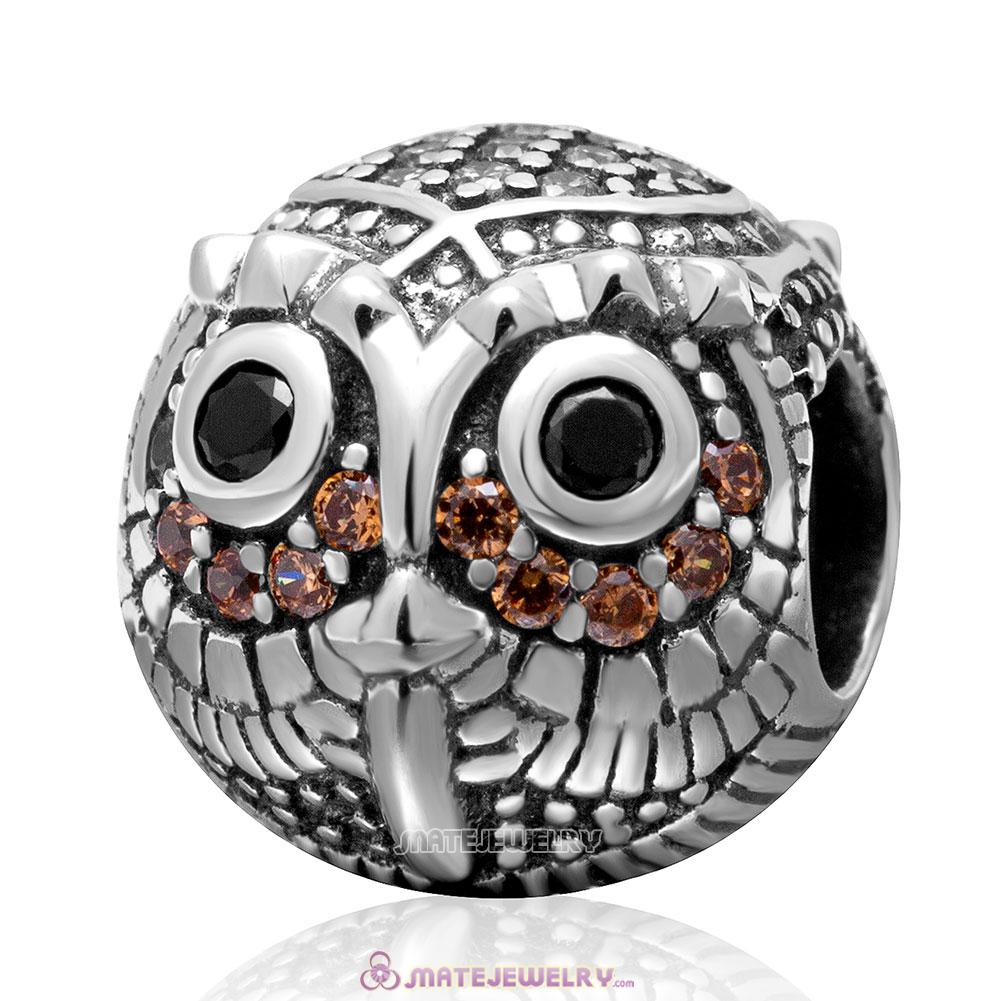 Wise Owl Charm 925 Sterling Silver Bead with Stone  