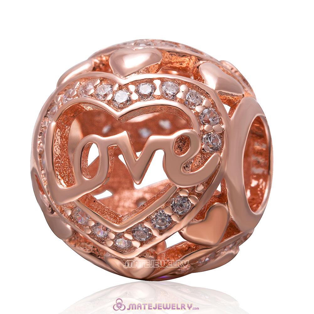 Rose Gold Love Charm 925 Sterling Silver Clear Stone Bead