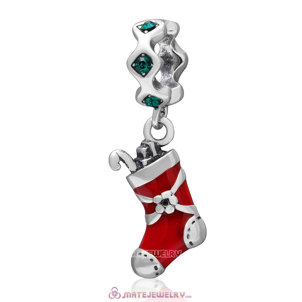 Christmas Stocking Charm 925 Sterling Silver Red Enamel Dangle Bead with Emerald Crystal