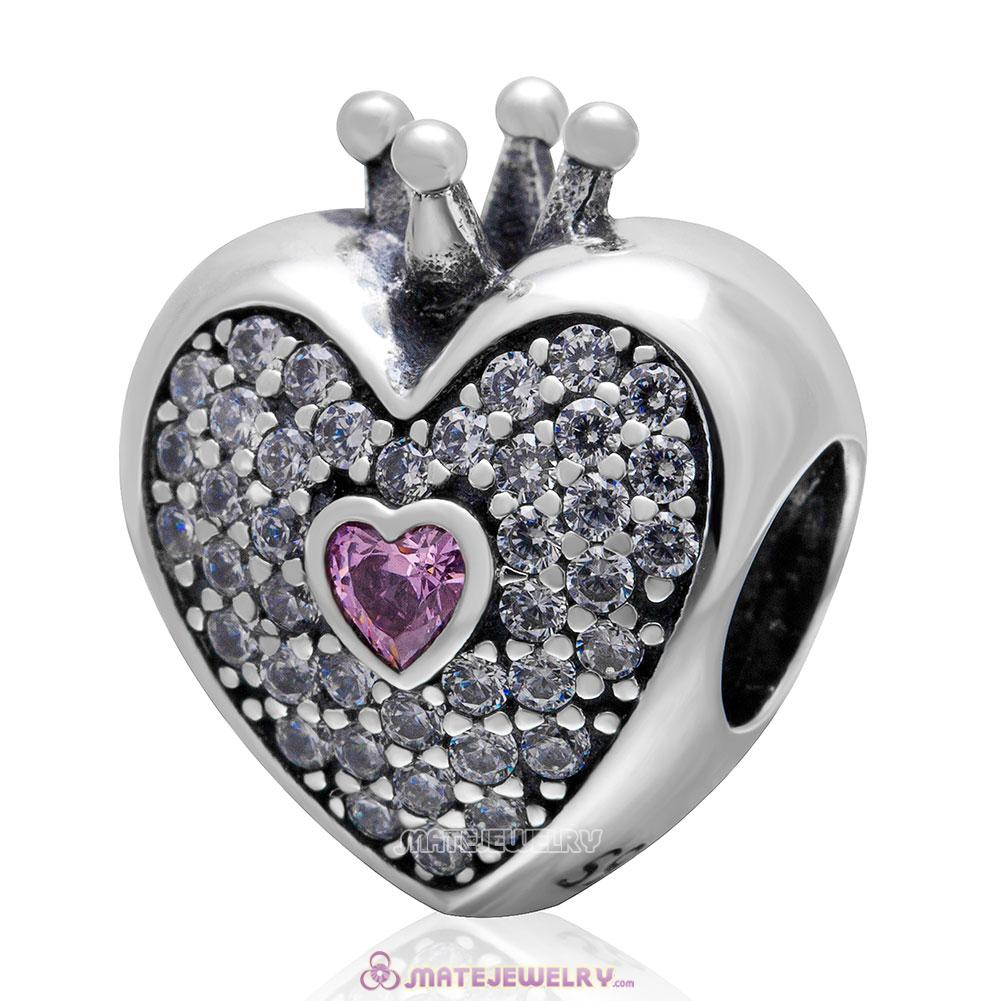 Heart with Crown Charm 925 Sterling Silver Pink Stone Bead