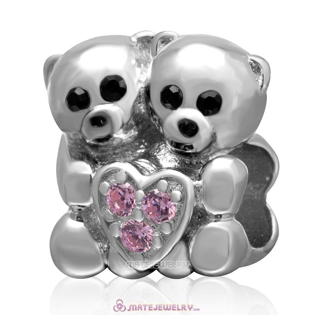 Bear Hug Heart Charm 925 Sterling Silver Pink Stone Bead
