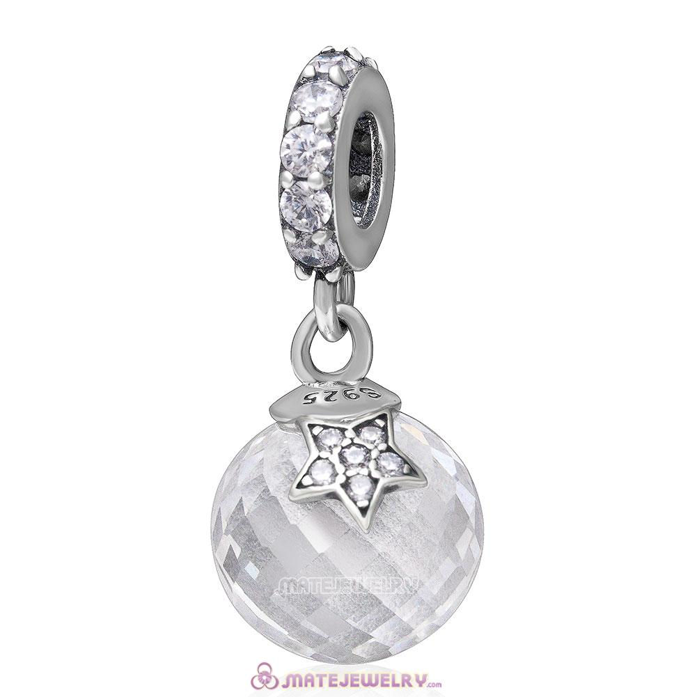Moon and Star Dangle 925 Sterling Silver Clear Cz Charm