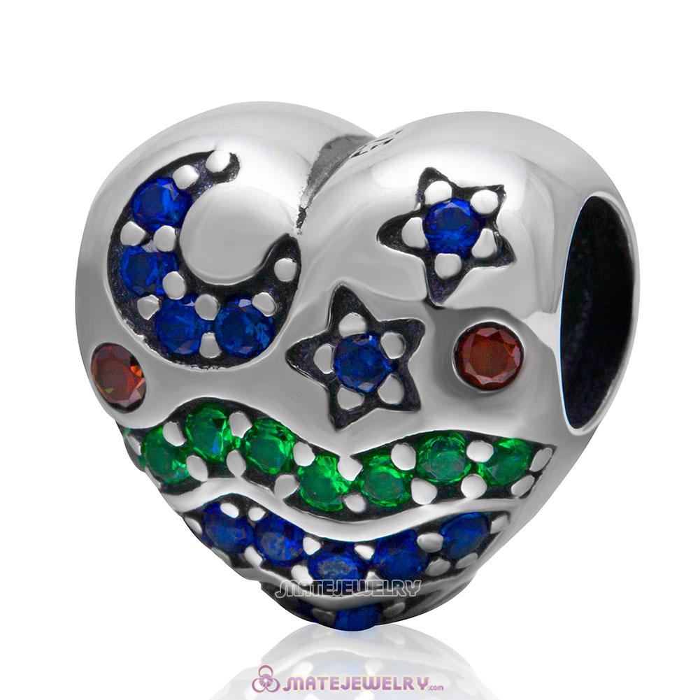 Moon and Stars on Blue Sea Heart Charm 925 Sterling Silver Colorful Stone Bead