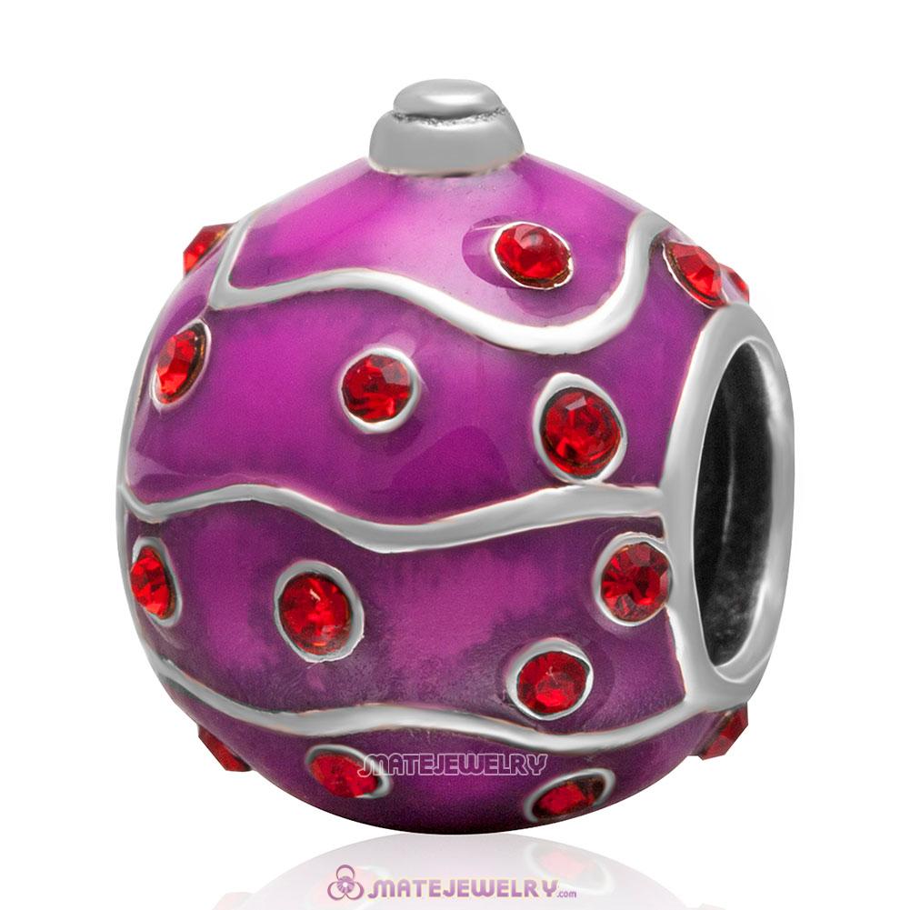 Christmas Ball Charm 925 Sterling Silver Enamel Bead with Lt Siam Crystal