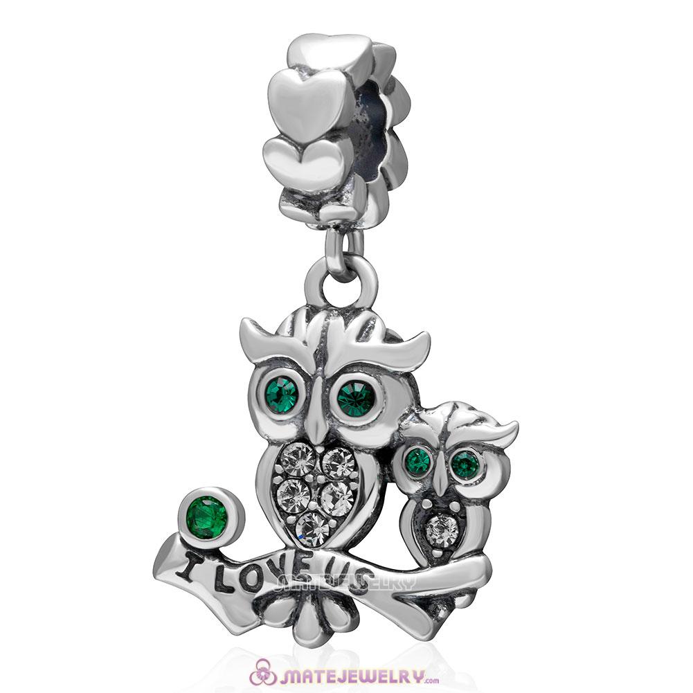 I Love Us Owl Charm 925 Sterling Silver Dangle Bead with Emerald Crystal