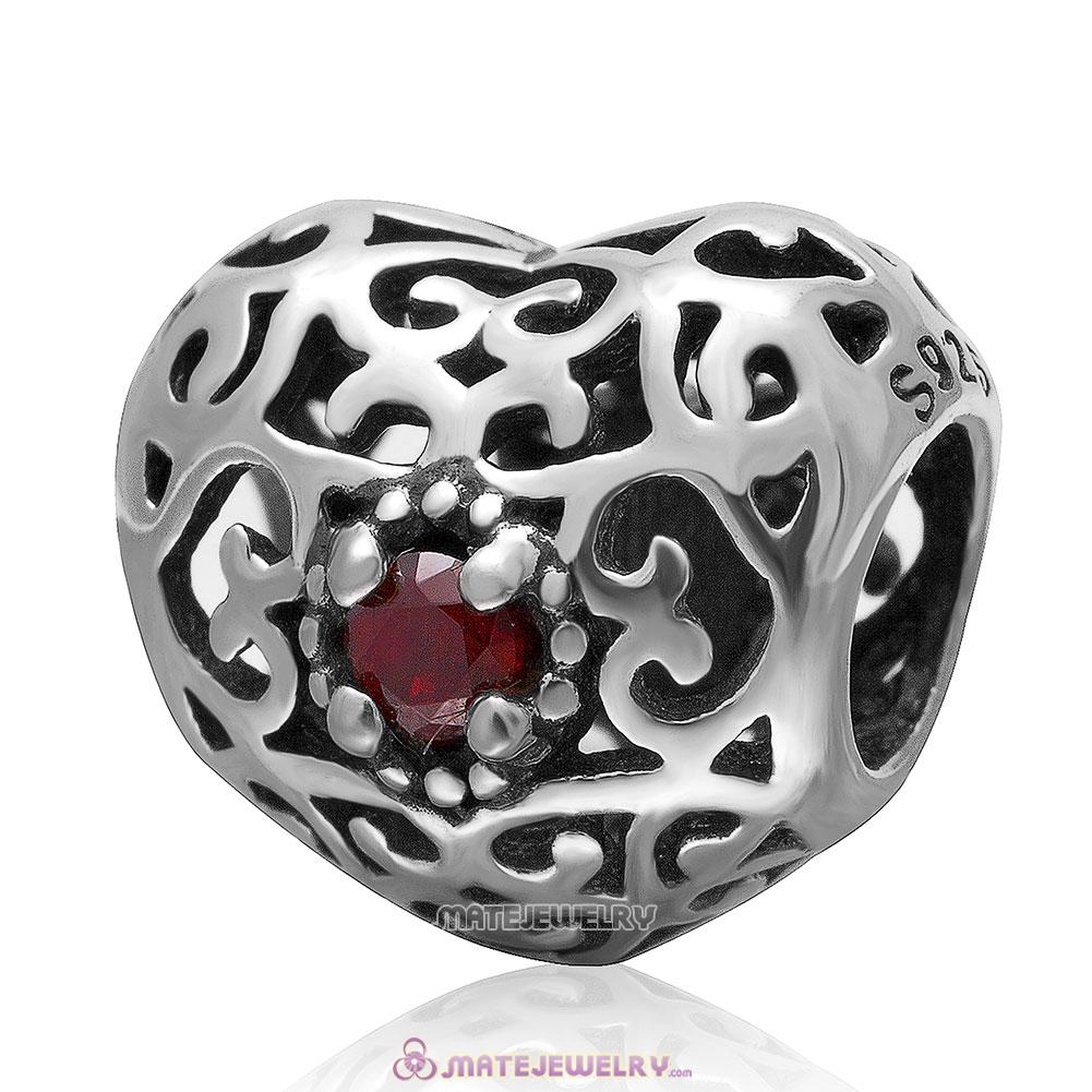 January Signature Heart 925 Sterling Silver Bead with Garnet Stone 