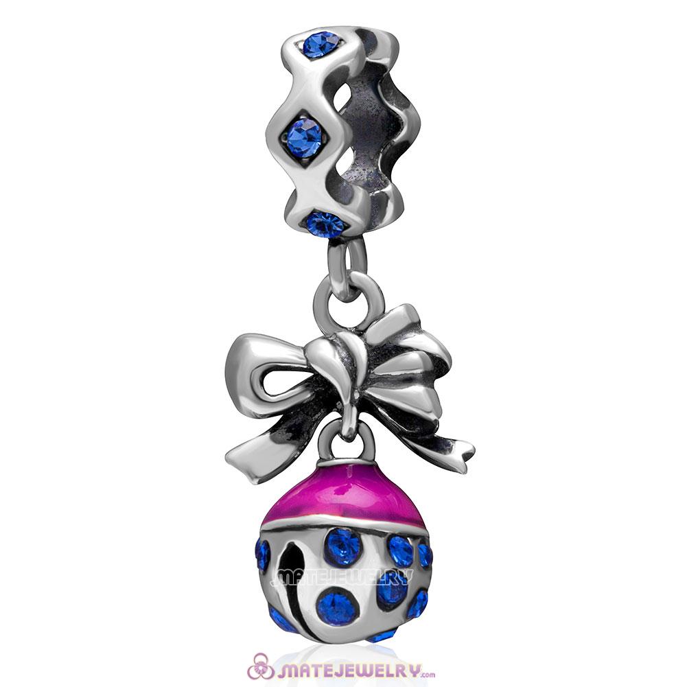 Christmas Bell Charm 925 Sterling Silver Dangle Bead with Sapphire Crystal