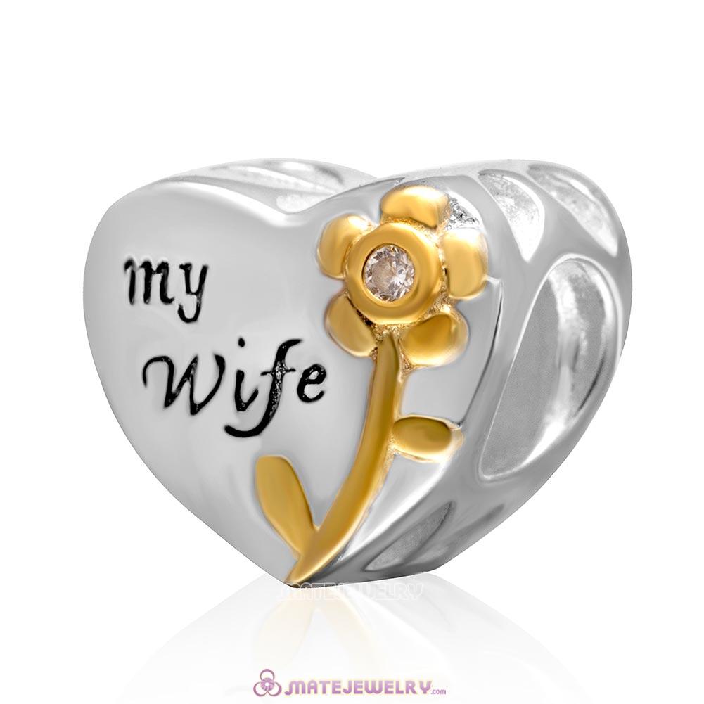 Love My Wife Heart Charm 925 Sterling Silver with Gold Plated Bead