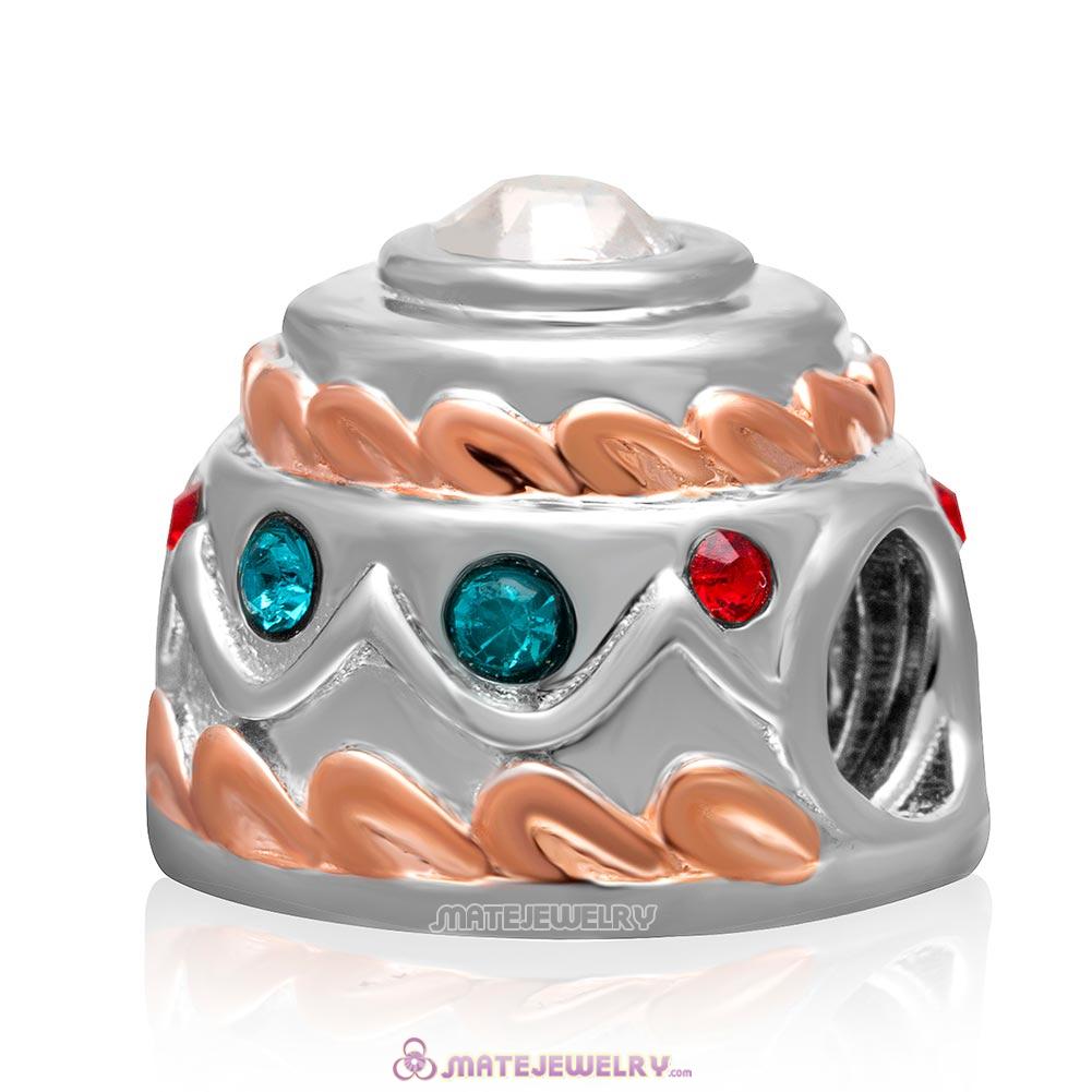 Rose Gold Birthday Cake Charm 925 Sterling Silver Bead with Colorful Crystal