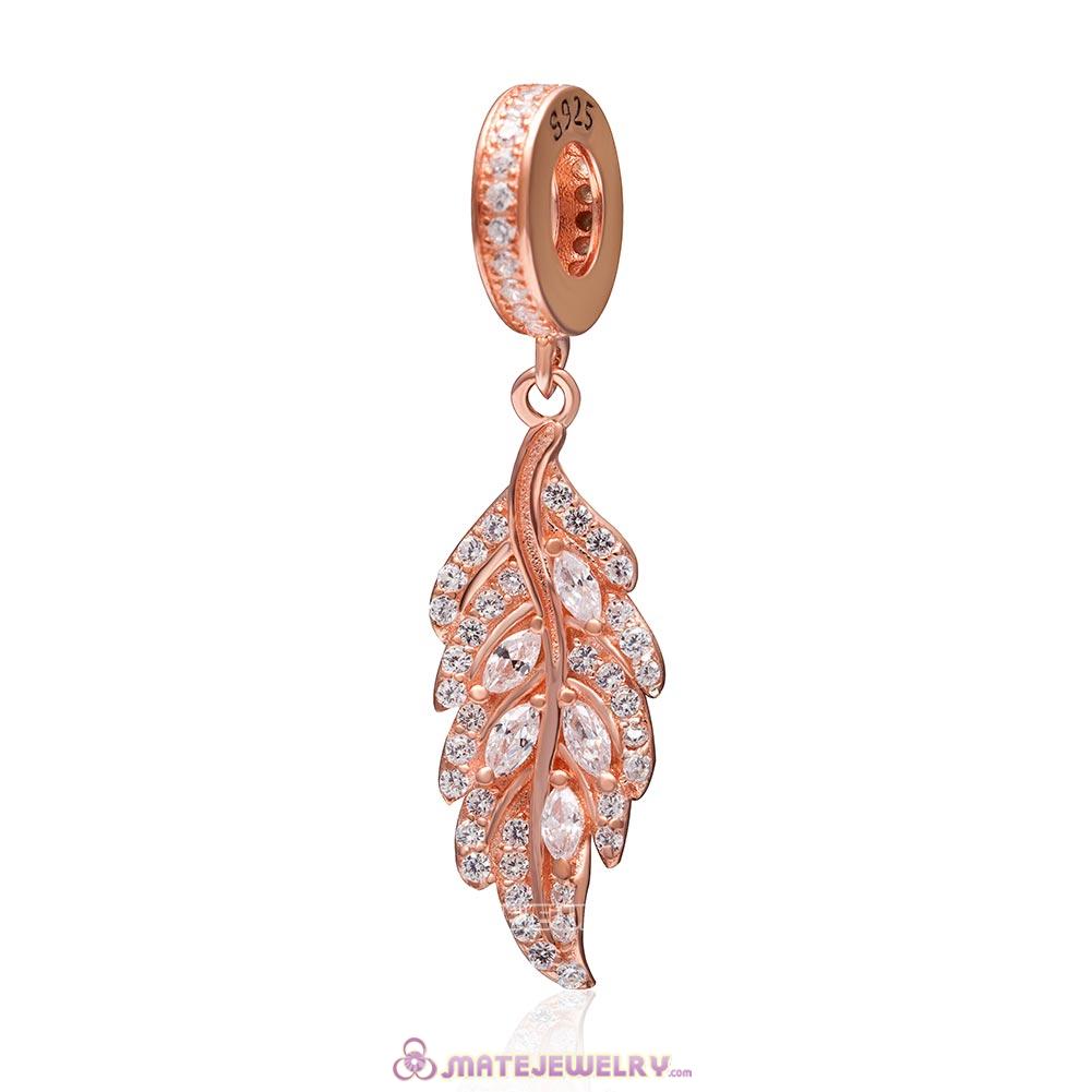 Rose Gold Feather Dangle 925 Sterling Silver with Clear CZ Charm