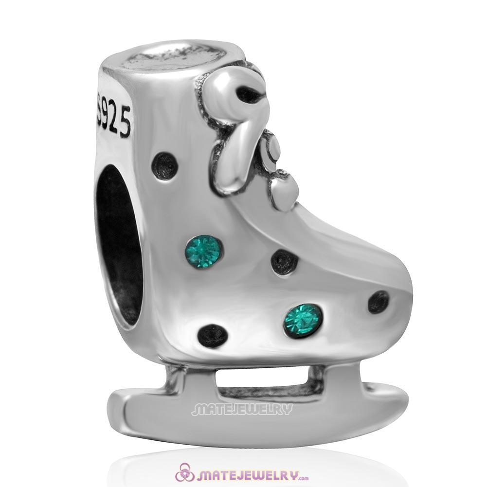 925 Sterling Silver Winter Ski Boot Charm Bead with Emerald Crystal