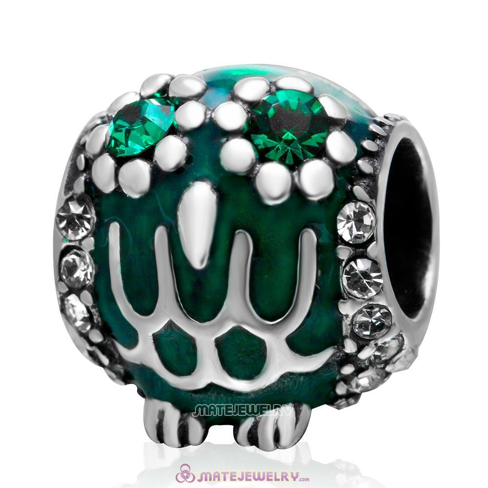 Antique Owl Charm 925 Sterling Silver Bead with Emerald Crystal and Enamel