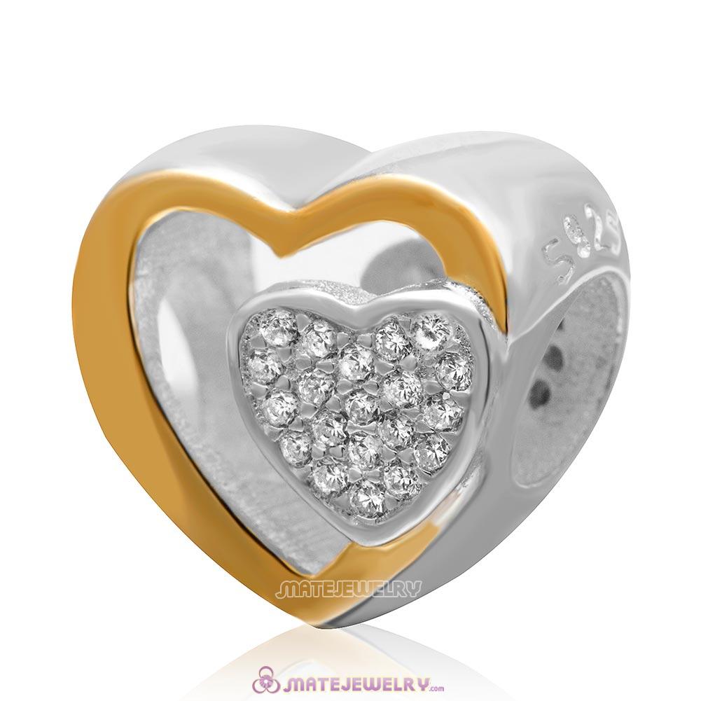 Joined Together Heart Charm 925 Sterling Silver Cubic Zirconia and Gold Plated Bead 
