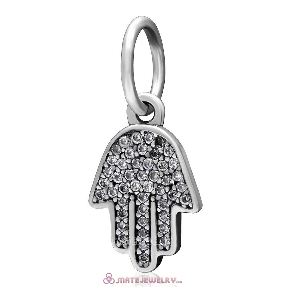 Symbol of Protection Charm 925 Sterling Silver Dangle Hamsa Hand Bead with Clear Stone