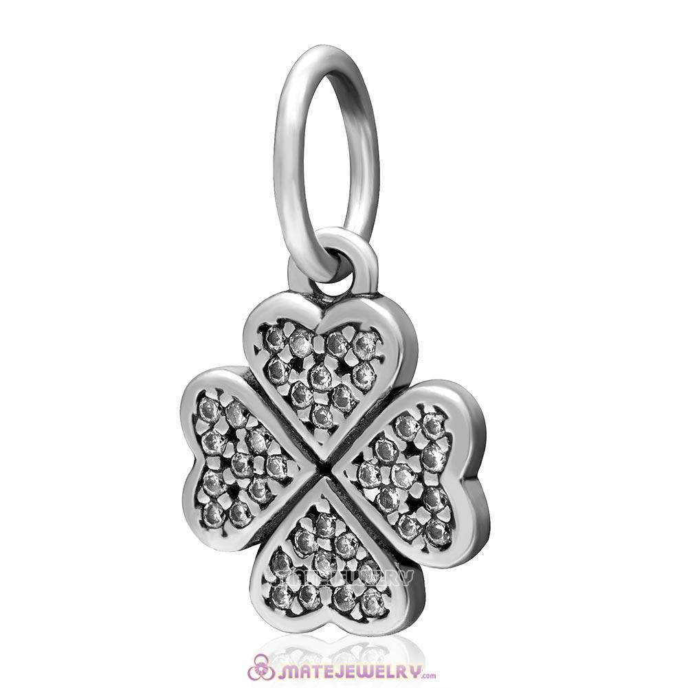 Symbol of Lucky In Love Charm 925 Sterling Silver Dangle Four Leaf Clover Bead with Clear Stone