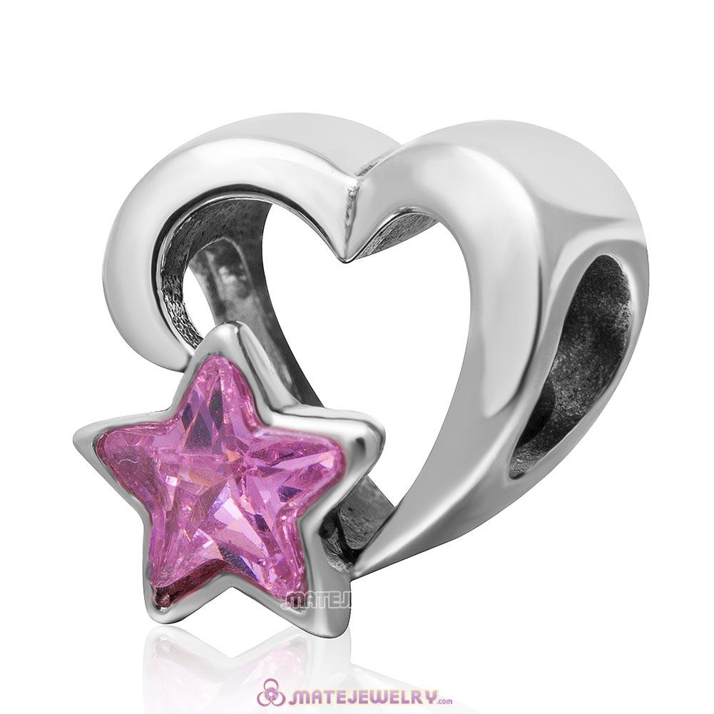 925 Sterling Silver Open Heart Charm Bead with Pink Star Cubic Zirconia 