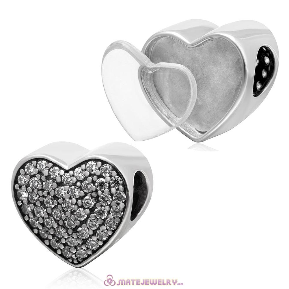 Clear CZ Pave Sterling Silver Love Heart Beads with DIY Photo European Style