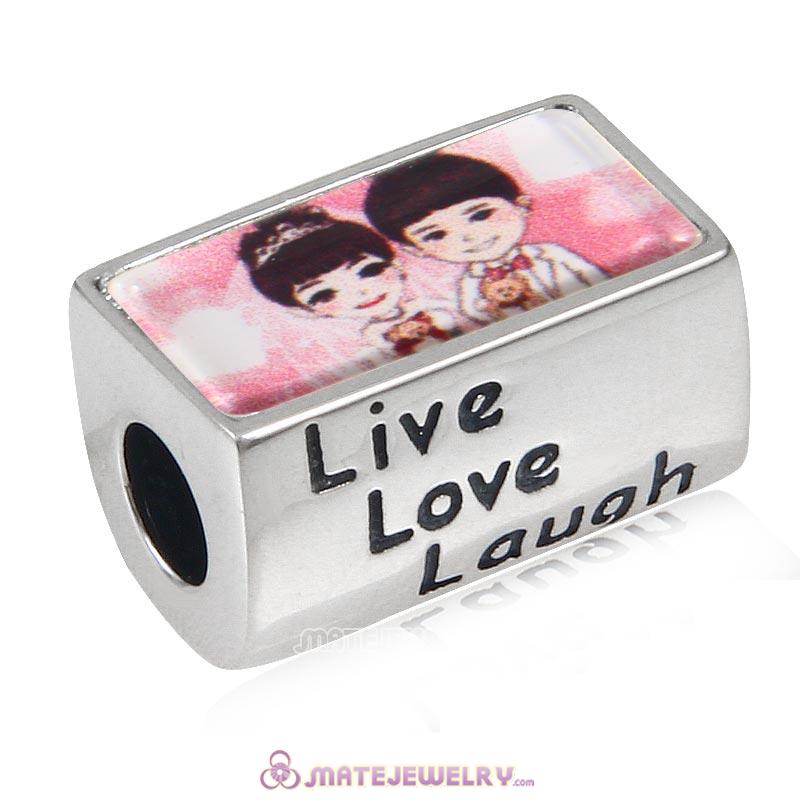 Lover Couple Sterling Silver Live Love Laugh Rectangle Beads with DIY Photo European Style