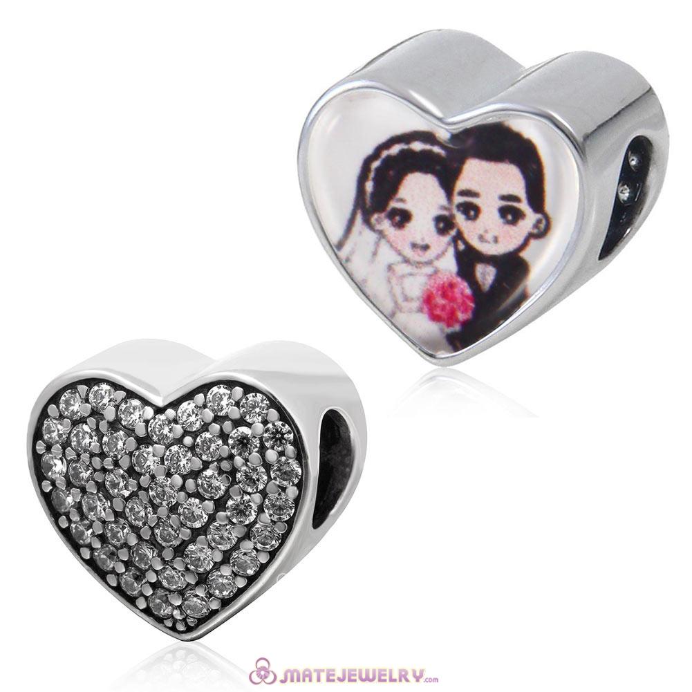 Clear CZ Pave Sterling Silver Love Heart Beads with DIY Wedding Anniversary Couple Photo 