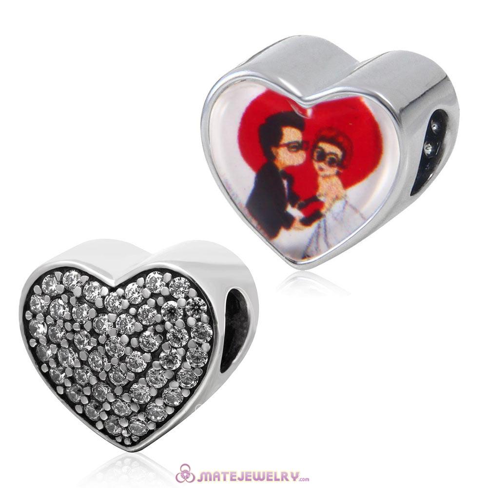 Clear CZ Pave Sterling Silver Love Heart Beads with DIY Lover Kiss Photo 