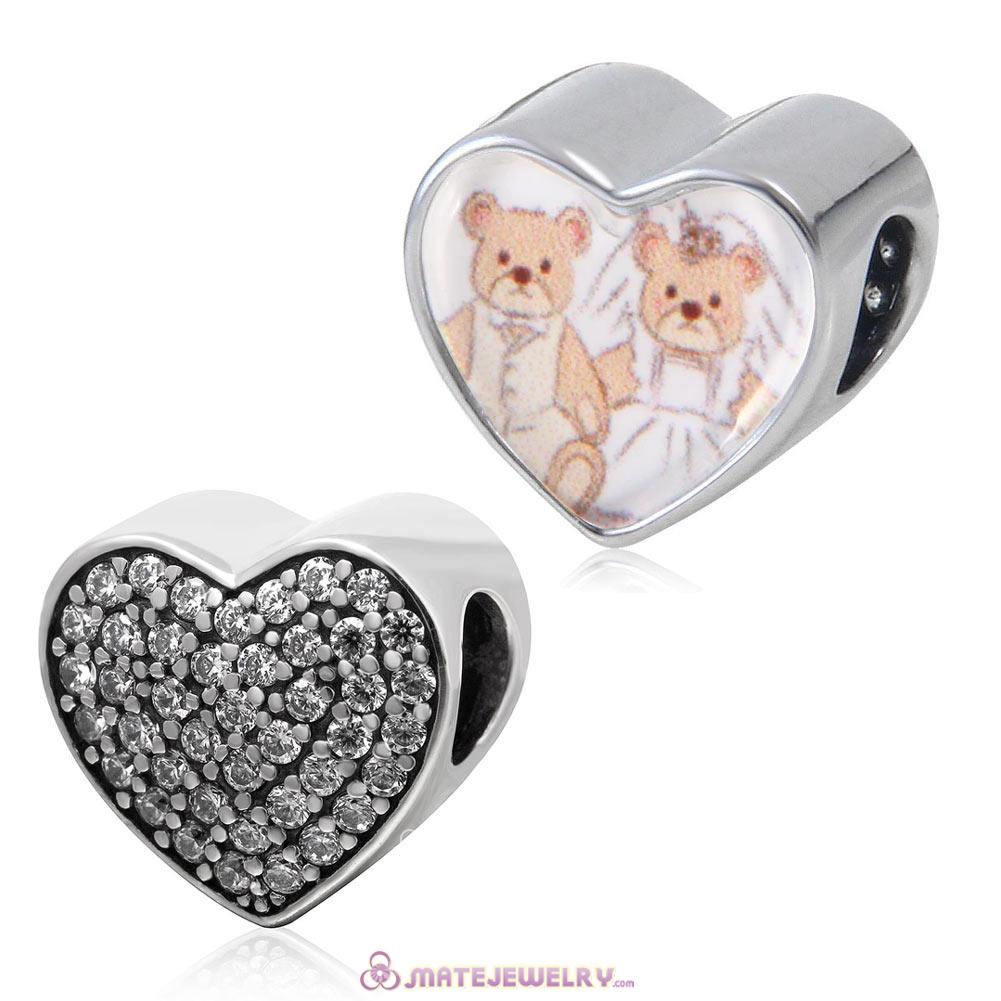 Clear CZ Pave Sterling Silver Love Heart Beads with DIY Wedding Bear Photo 