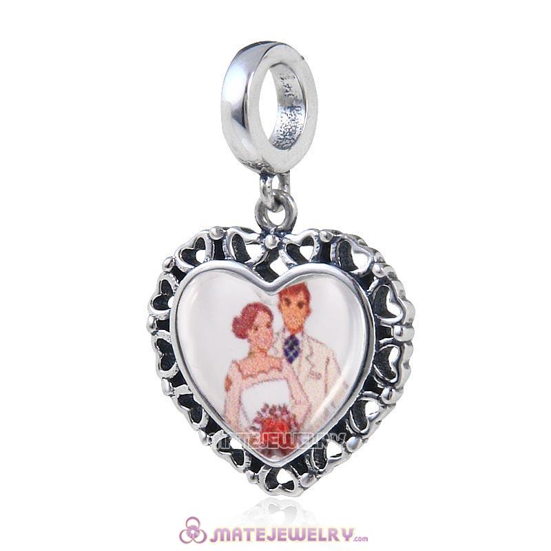 Sterling Silver Love Heart Dangle Beads with DIY Wedding Lover Couple Photo European Style