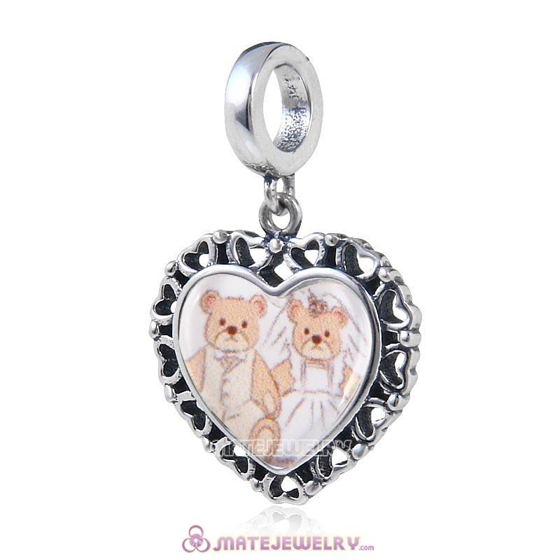 Sterling Silver Love Heart Dangle Beads with DIY Wedding Bear Photo European Style