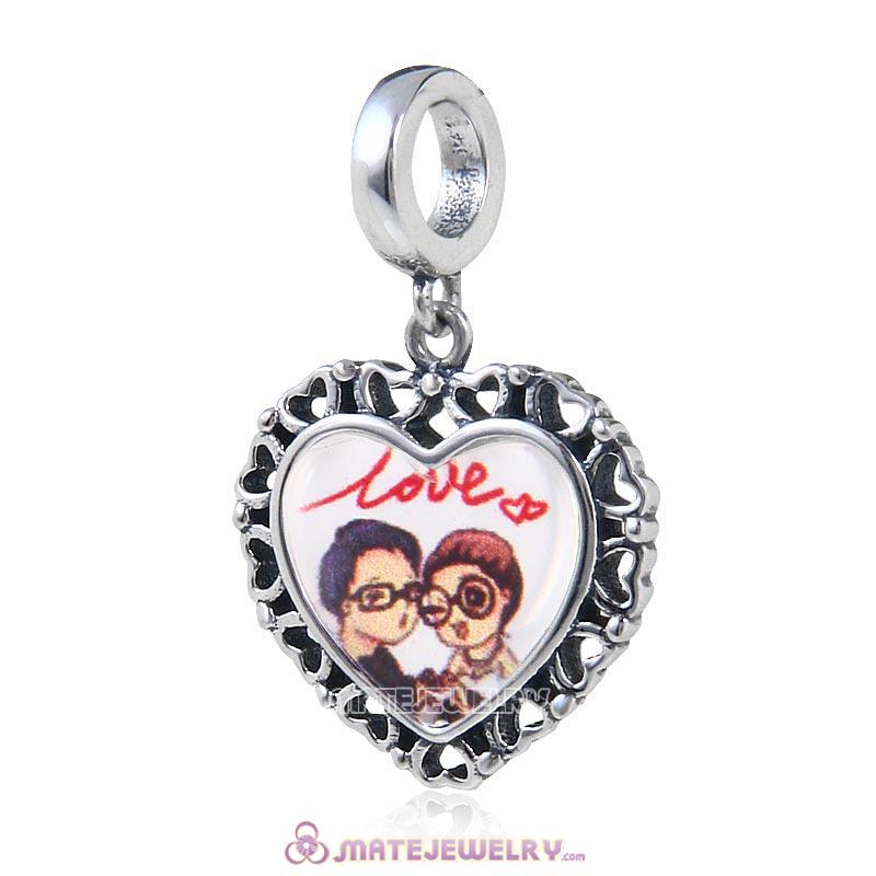 Sterling Silver Love Heart Dangle Beads with DIY Couple Love Photo European Style