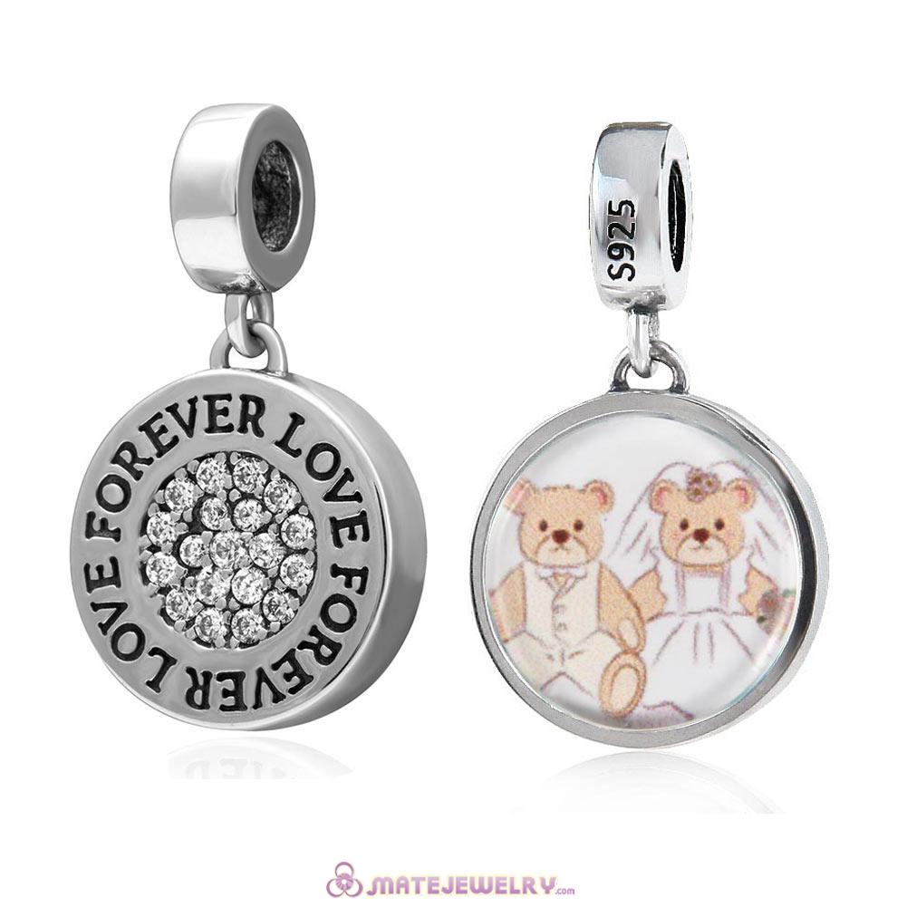 Sterling Silver Love Forever Personalized Wedding Bear Photo Charm with Clear CZ