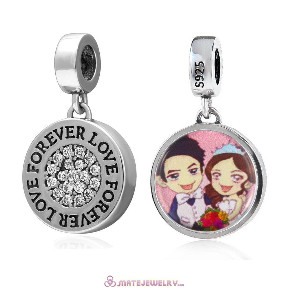 Sterling Silver Love Forever Personalized Love Bride and Groom Photo Charm with Clear CZ