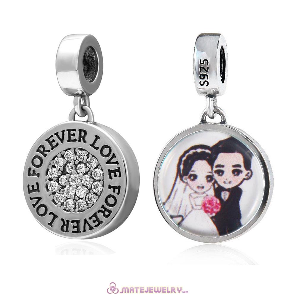 Sterling Silver Love Forever Personalized Wedding Anniversary Couple Photo Charm with Clear CZ