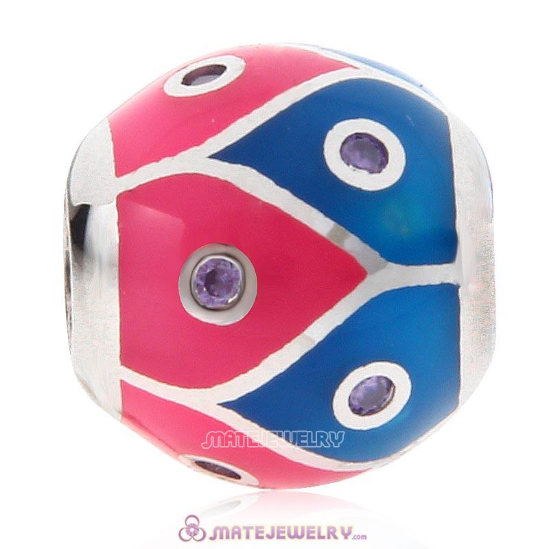 Round Ball Charm Stone 925 Sterling Silver Bead with Colorful Enamel