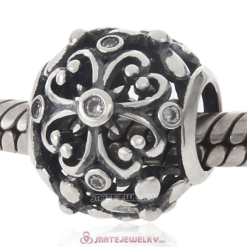 925 Sterling Silver Clear CZ Openwork Clover Charm Bead