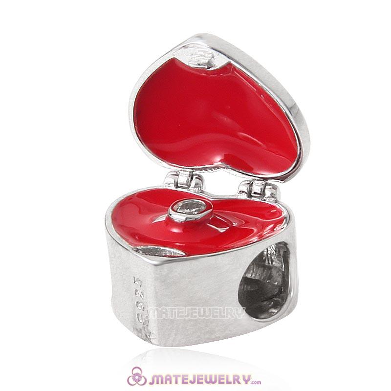 925 Sterling Silver Heart Ring Box Charm Bead Clear CZ 