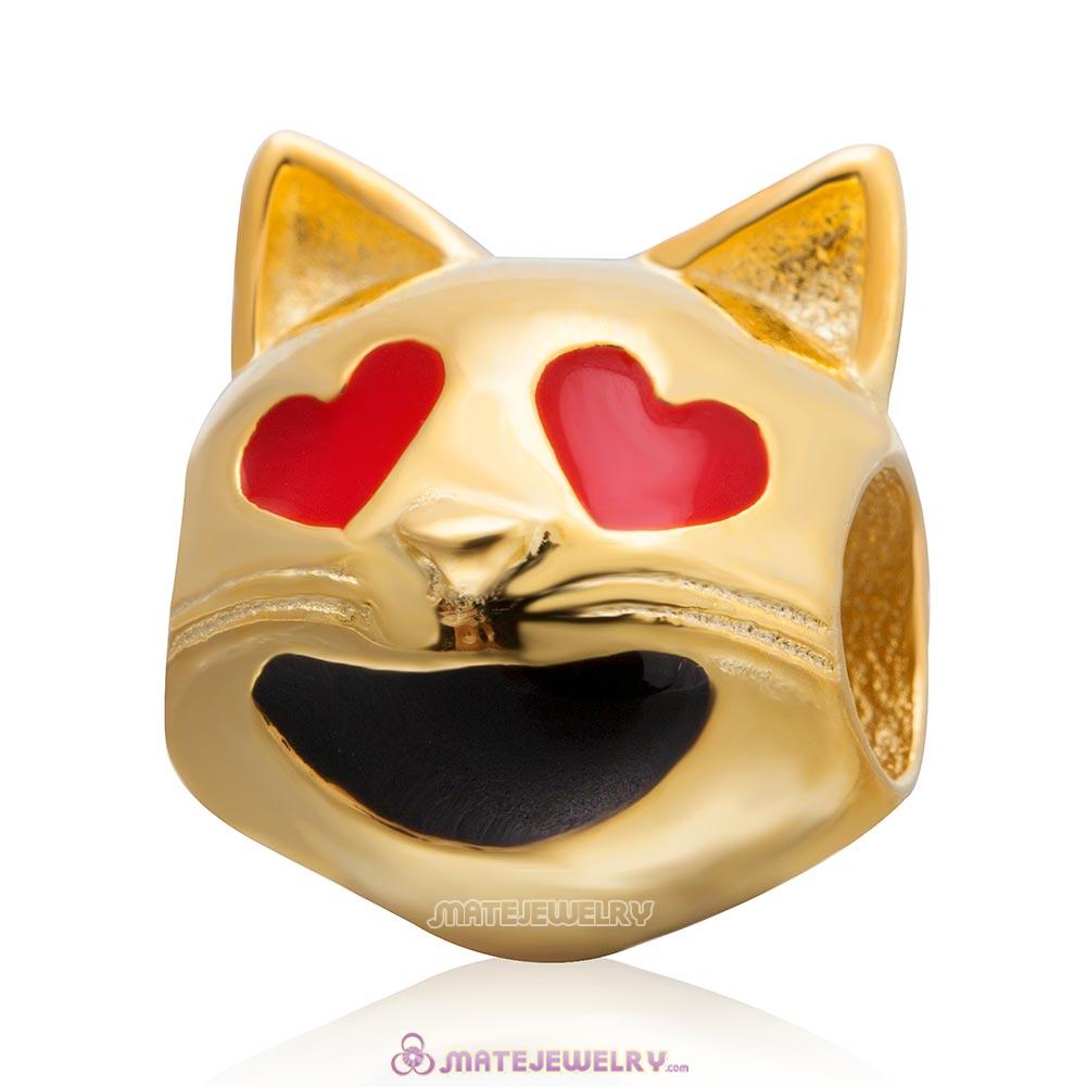 Gold Plated Emoji Anthomaniac Cat Sterling Silver European Style Face Beads