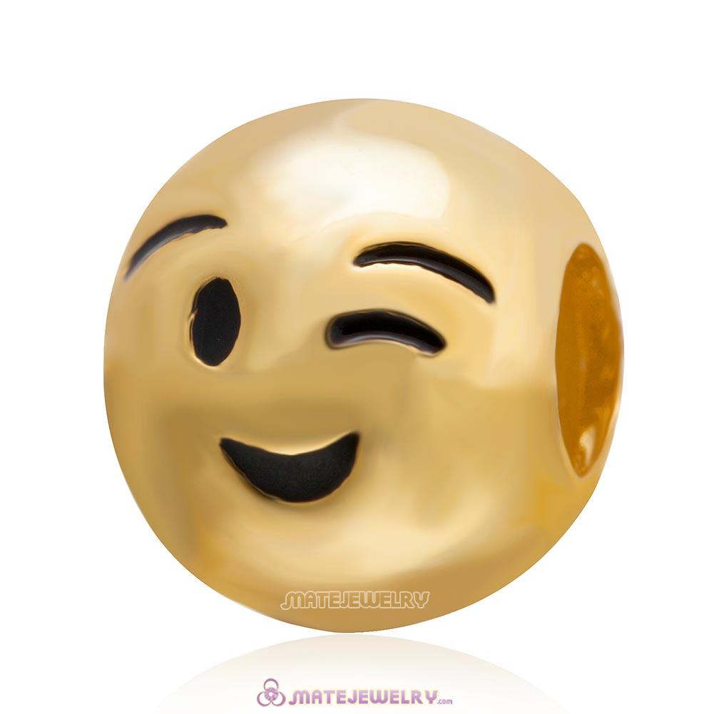 Gold Plated Emoji Wink Sterling Silver European Style Face Beads