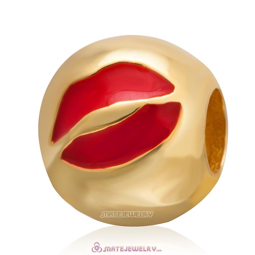 Gold Plated Emoji Red Lip Sterling Silver European Style Face Beads