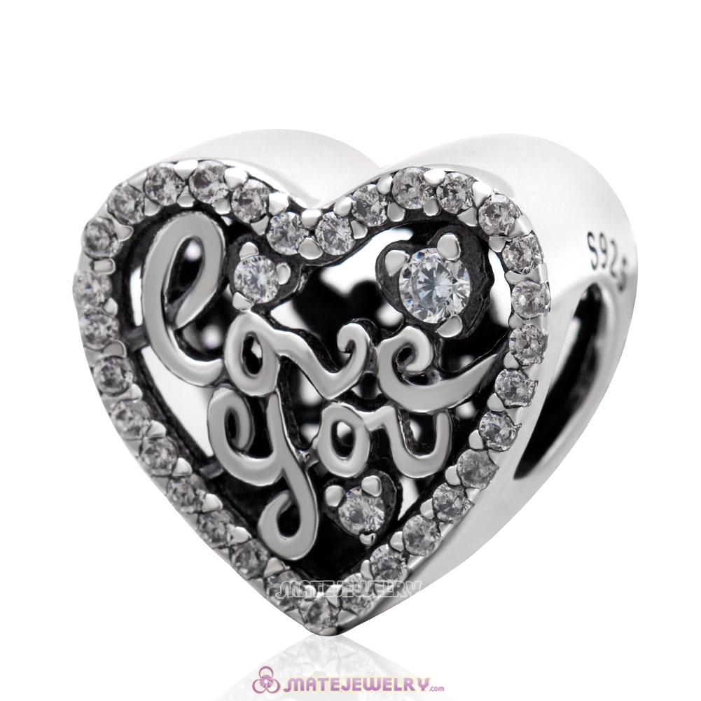 Love You Heart Charm with Clear CZ